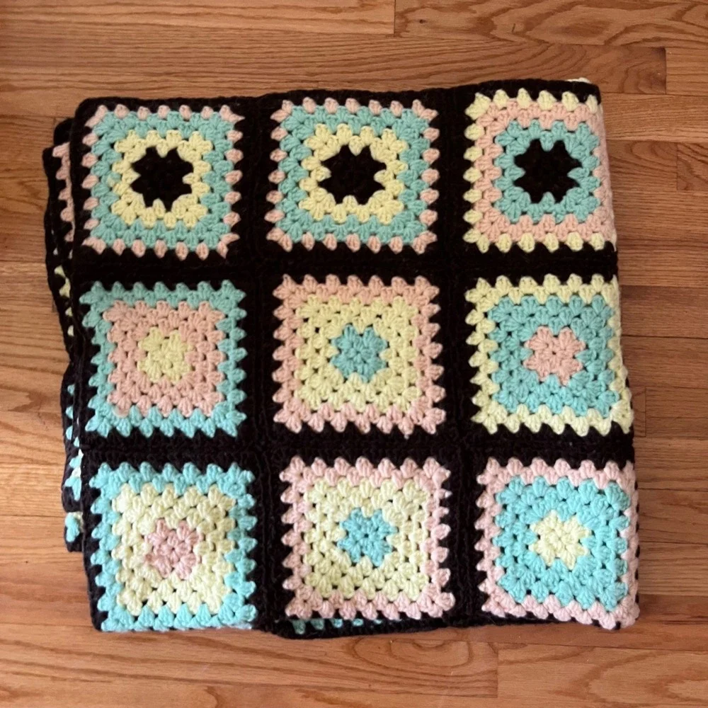 Vintage Handmade Crochet Granny Square Afghan Throw Blanket Brown Pink Boho